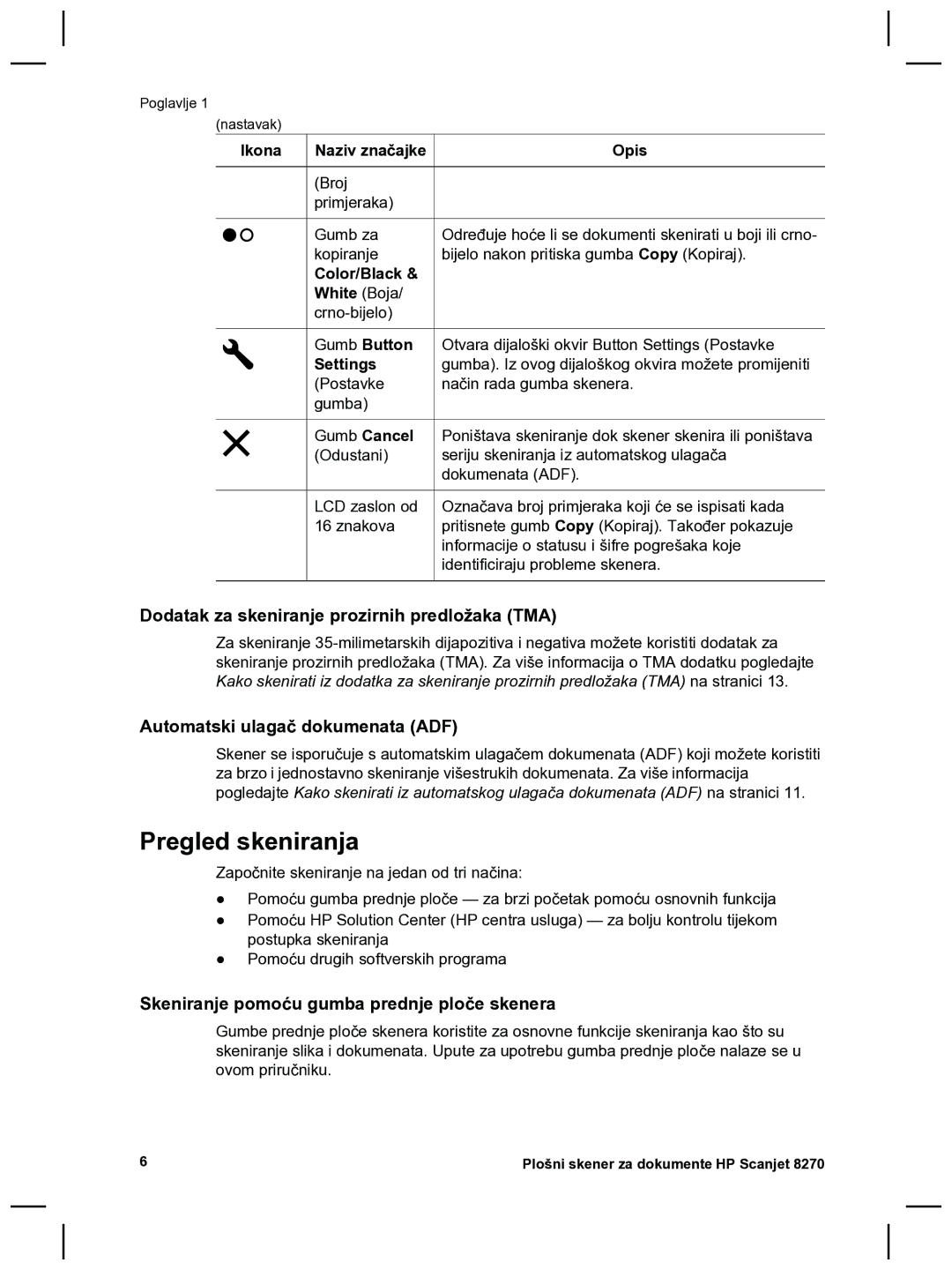 HP 8270 manual Pregled skeniranja, Dodatak za skeniranje prozirnih predložaka TMA, Automatski ulagač dokumenata ADF 