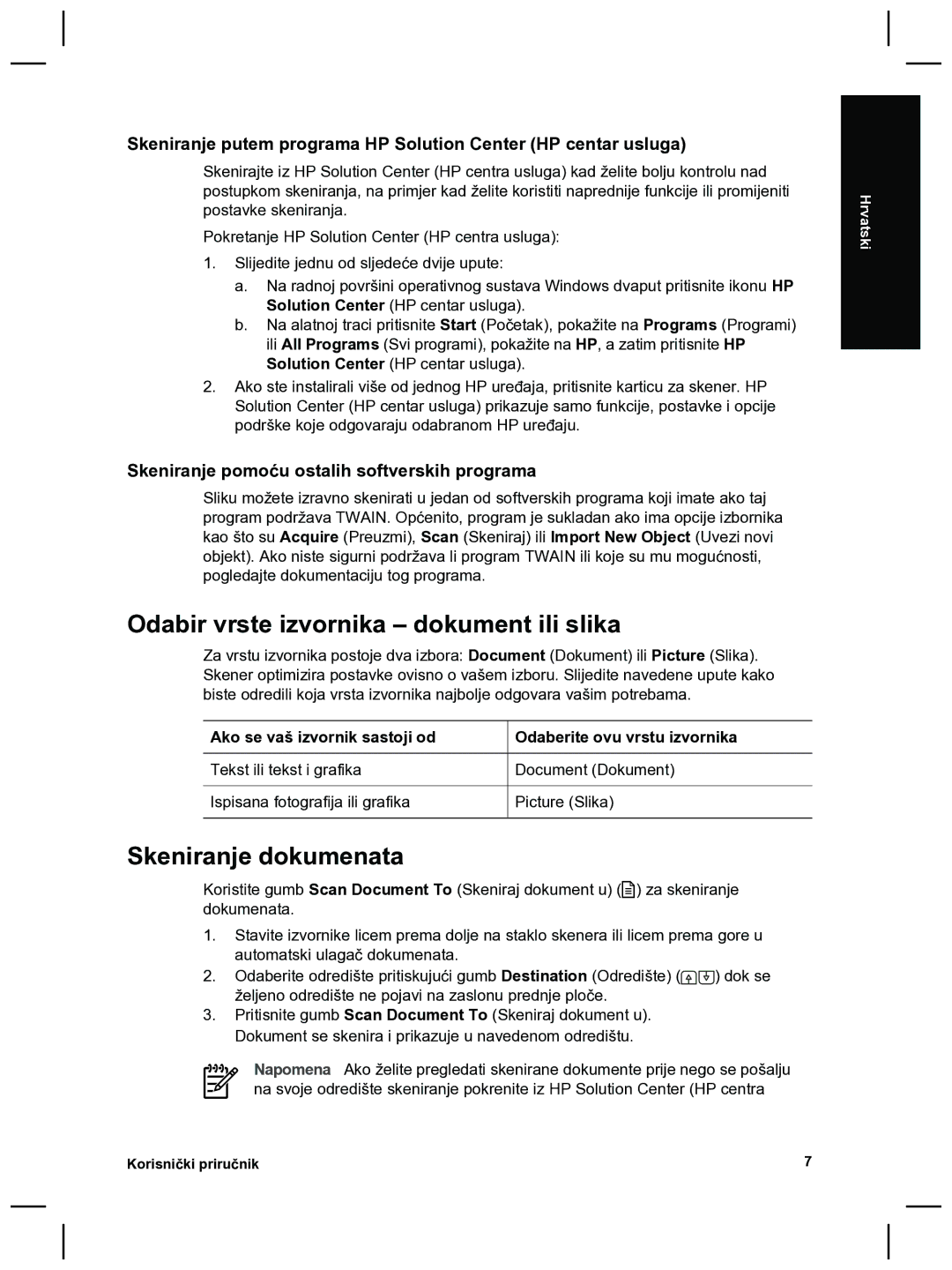 HP 8270 Odabir vrste izvornika dokument ili slika, Skeniranje dokumenata, Skeniranje pomoću ostalih softverskih programa 