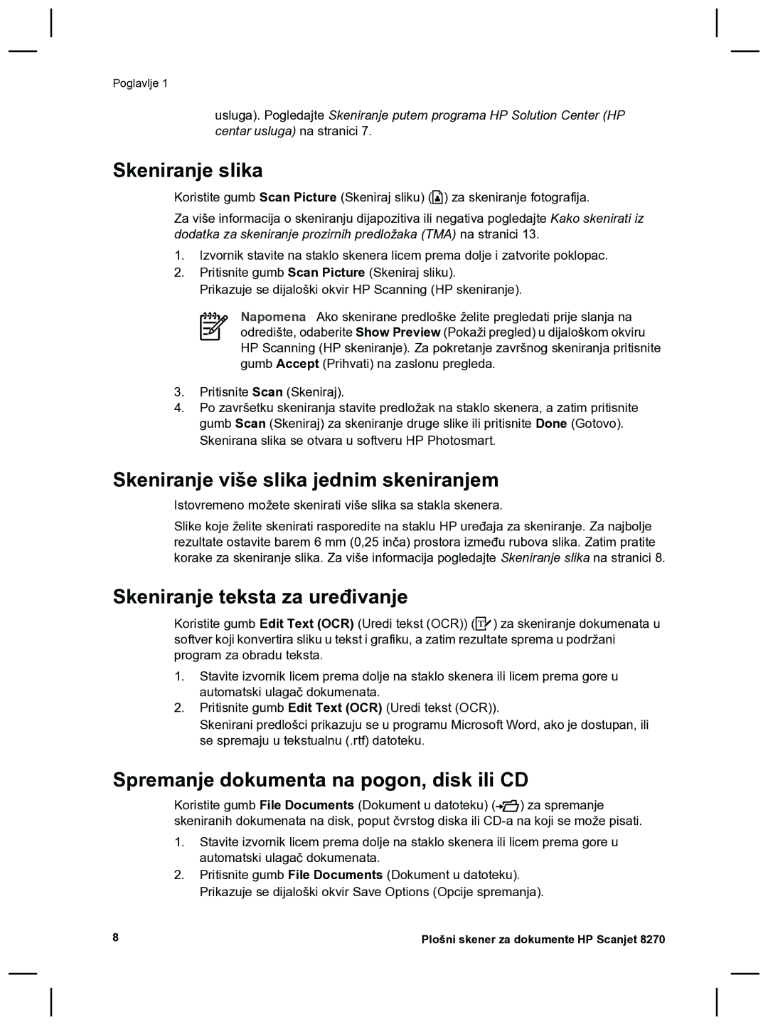 HP 8270 manual Skeniranje slika, Skeniranje više slika jednim skeniranjem, Skeniranje teksta za uređivanje 