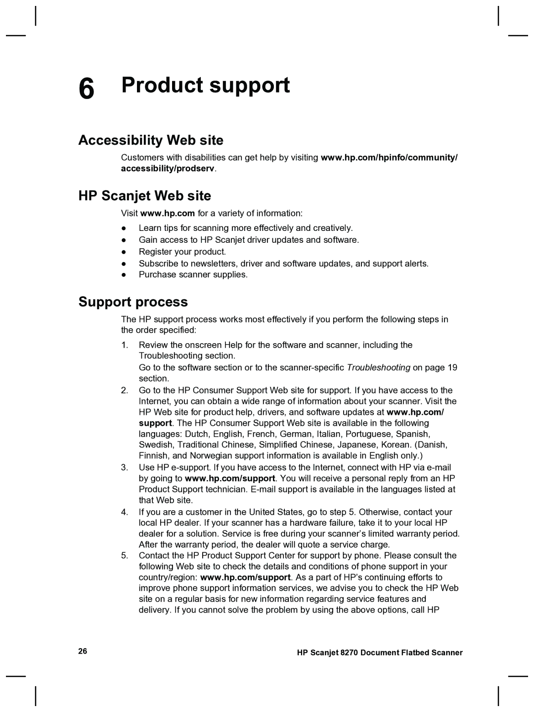 HP 8270 manual Product support, Accessibility Web site HP Scanjet Web site, Support process 