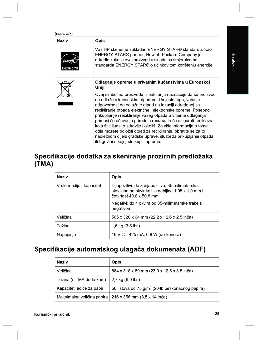 HP 8270 manual Specifikacije automatskog ulagača dokumenata ADF, Naziv Opis 