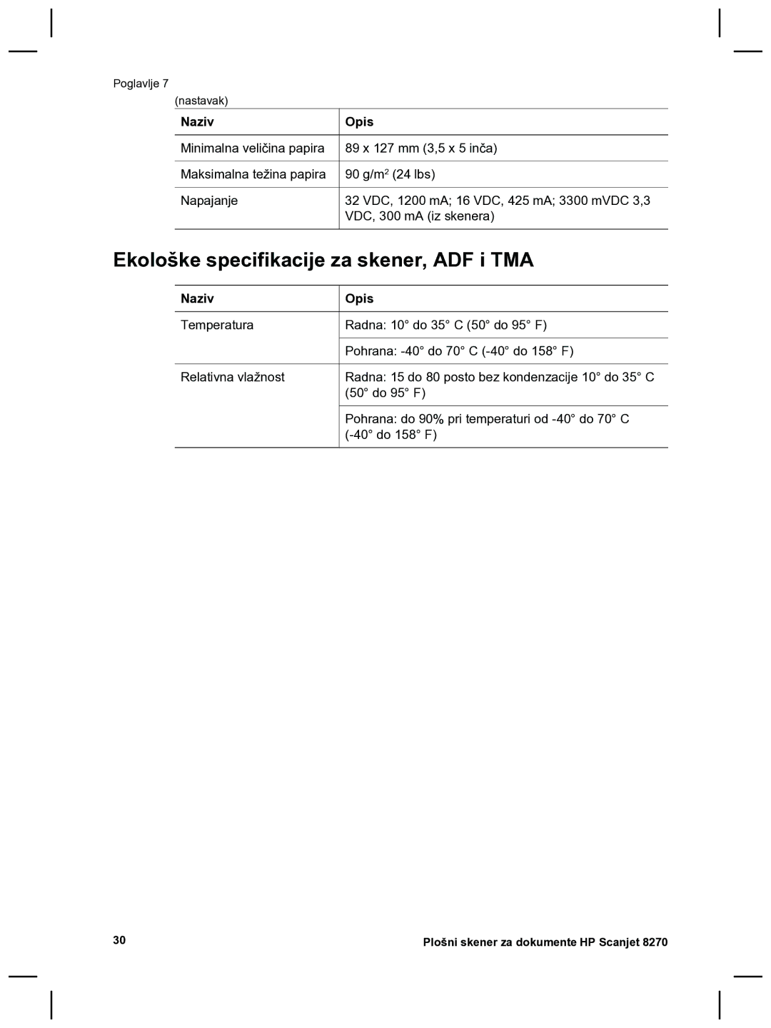 HP 8270 manual Ekološke specifikacije za skener, ADF i TMA 