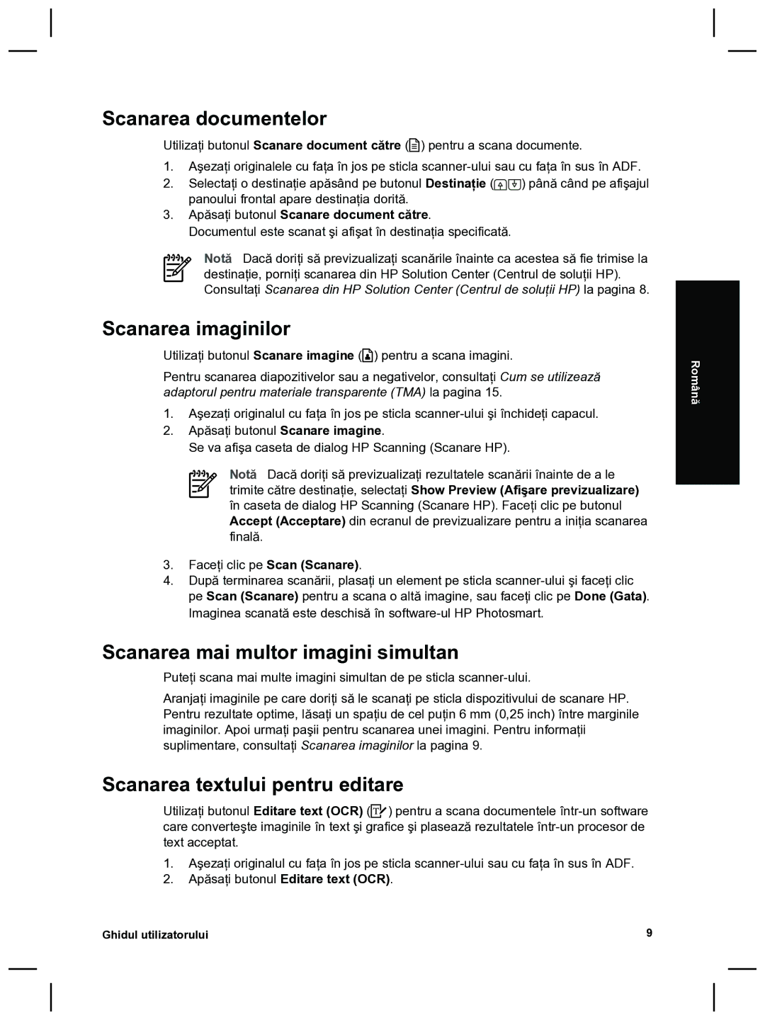 HP 8270 Scanarea documentelor, Scanarea imaginilor, Scanarea mai multor imagini simultan, Scanarea textului pentru editare 