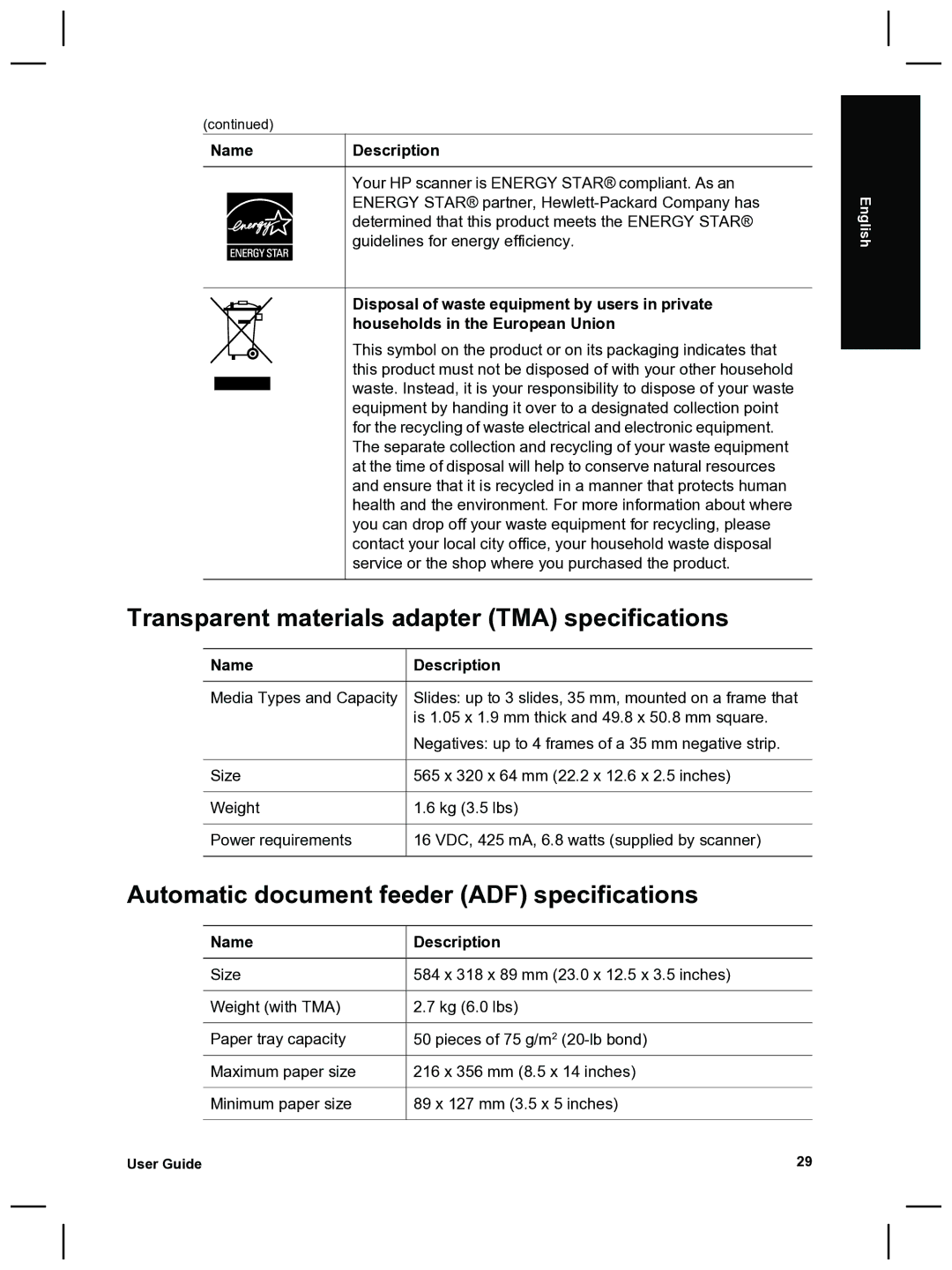 HP 8270 manual Transparent materials adapter TMA specifications, Automatic document feeder ADF specifications 