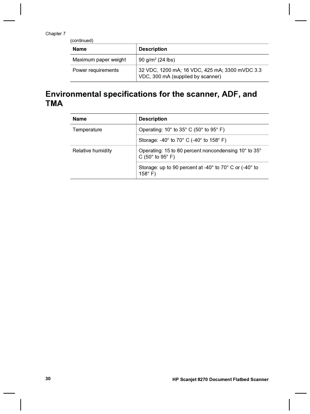 HP 8270 manual Environmental specifications for the scanner, ADF, Tma 