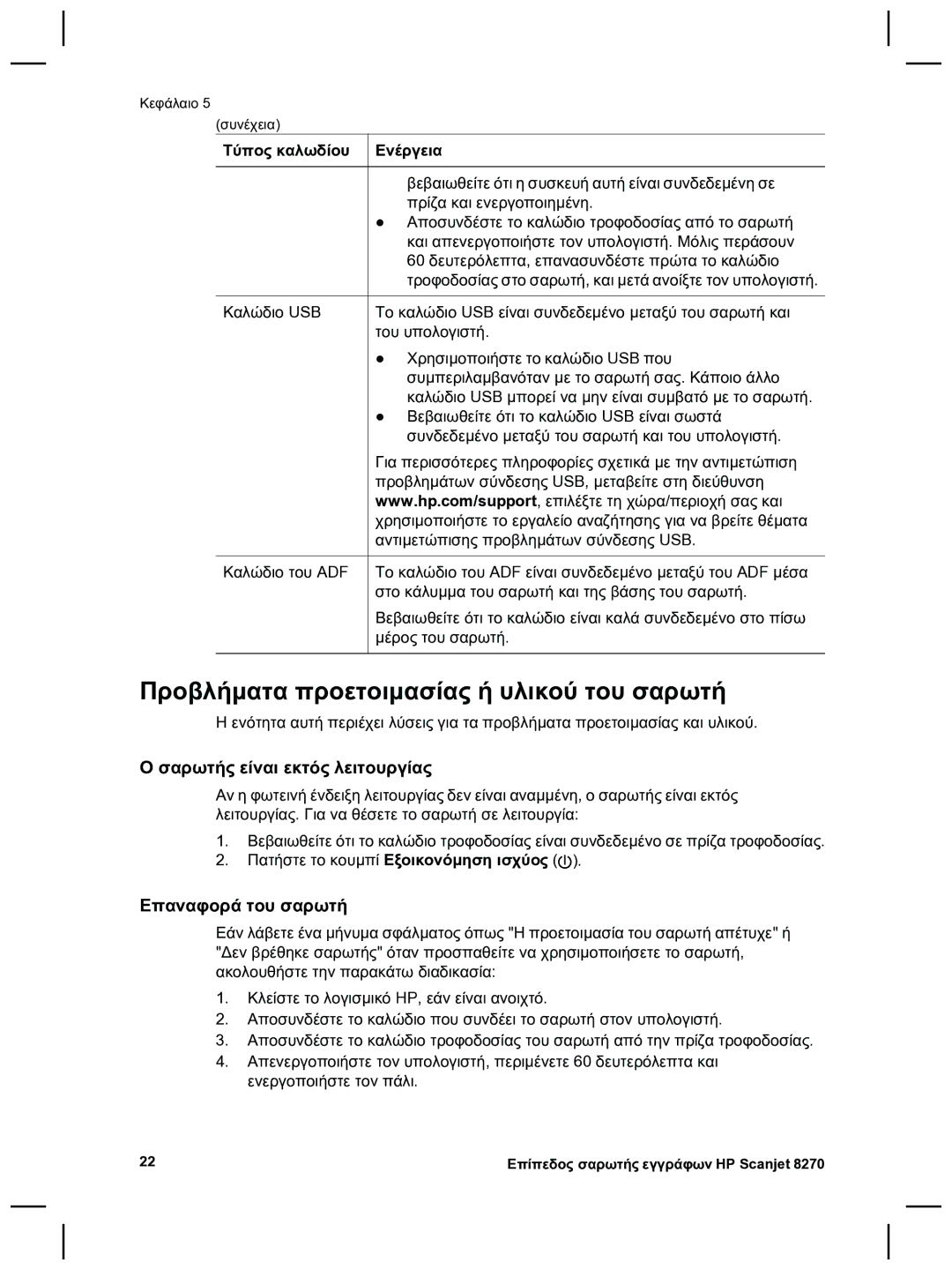 HP 8270 manual Προβλήµατα προετοιµασίας ή υλικού του σαρωτή, Σαρωτής είναι εκτός λειτουργίας, Επαναφορά του σαρωτή 