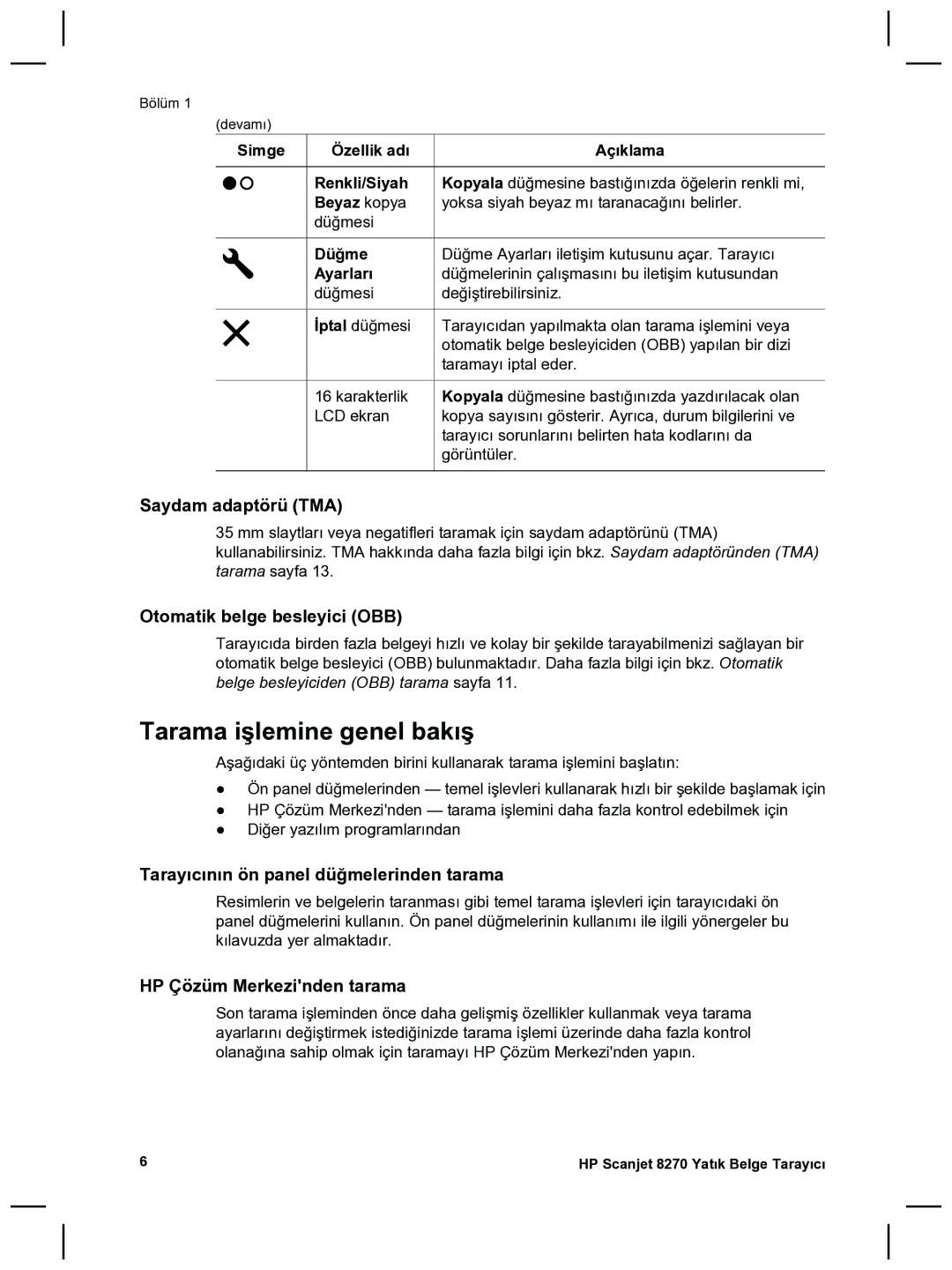 HP 8270 manual Tarama işlemine genel bakış, Saydam adaptörü TMA, Otomatik belge besleyici OBB, HP Çözüm Merkezinden tarama 