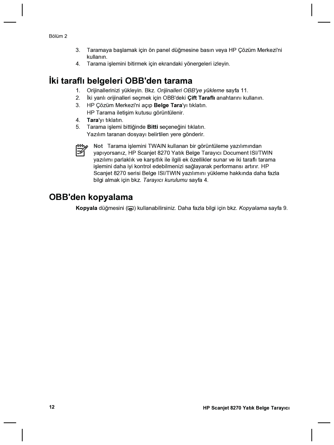 HP 8270 manual İki taraflı belgeleri OBBden tarama, OBBden kopyalama 