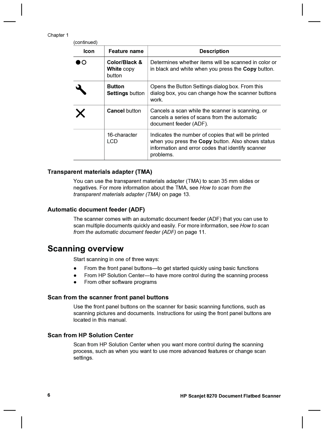 HP 8270 Scanning overview, Transparent materials adapter TMA, Automatic document feeder ADF, Scan from HP Solution Center 