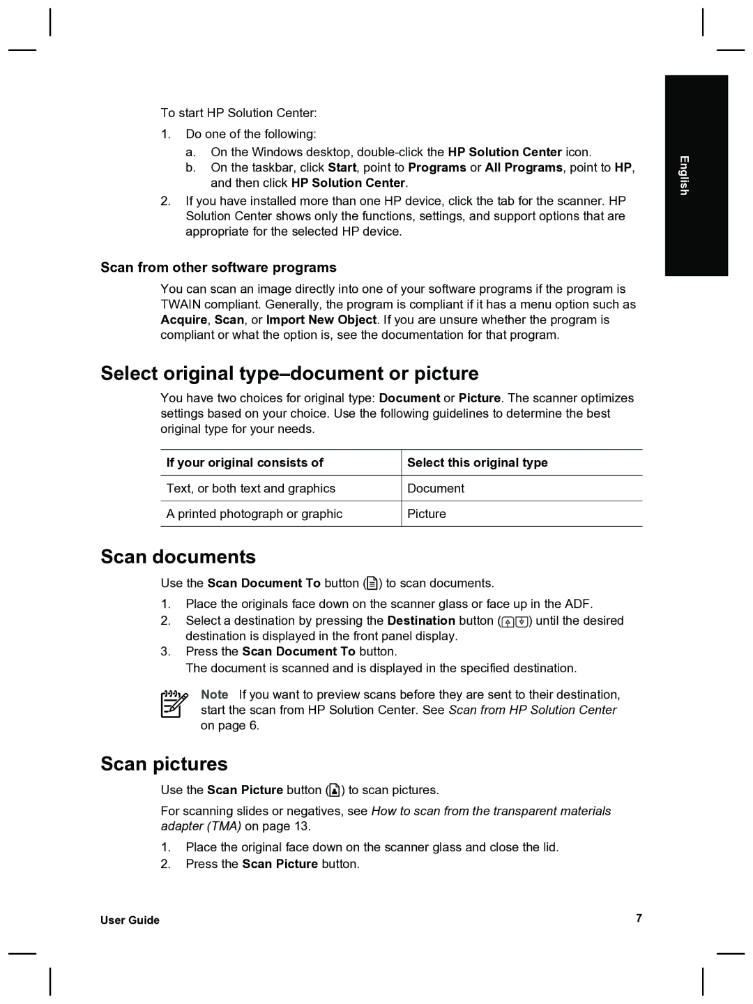 HP 8270 manual Select original type-document or picture, Scan documents, Scan pictures, Scan from other software programs 