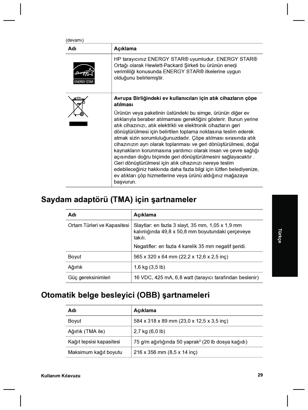 HP 8270 manual Saydam adaptörü TMA için şartnameler, Otomatik belge besleyici OBB şartnameleri 