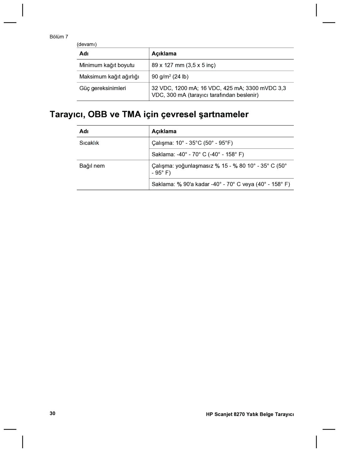 HP 8270 manual Tarayıcı, OBB ve TMA için çevresel şartnameler 