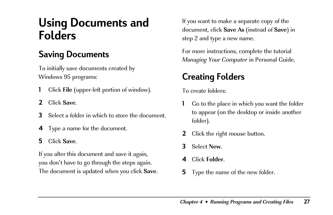 HP 8290 (US/CAN) manual Using Documents and Folders, Saving Documents, Creating Folders 