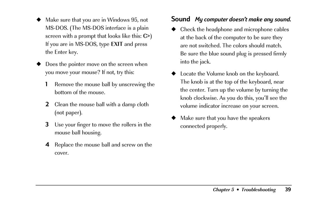 HP 8290 (US/CAN) manual Sound My computer doesn’t make any sound, Make sure that you have the speakers connected properly 