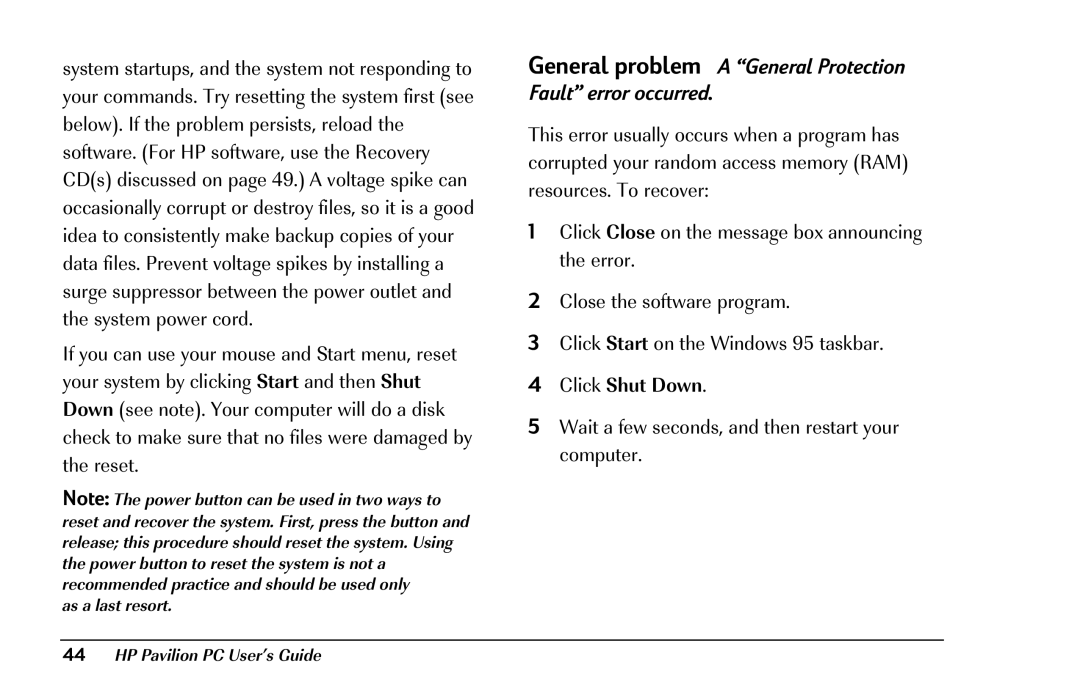 HP 8290 (US/CAN) manual General problem a General Protection Fault error occurred, Click Shut Down 