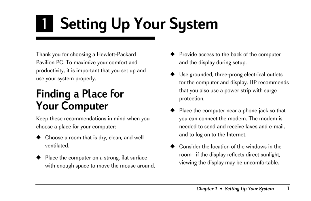 HP 8290 (US/CAN) manual Setting Up Your System, Finding a Place for Your Computer 