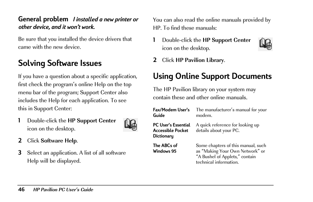 HP 8290 (US/CAN) Solving Software Issues, Using Online Support Documents, Click Software Help, Click HP Pavilion Library 