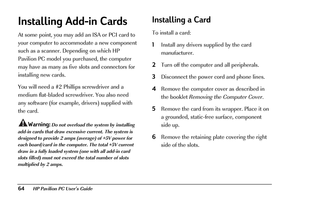 HP 8290 (US/CAN) manual Installing Add-in Cards, Installing a Card 