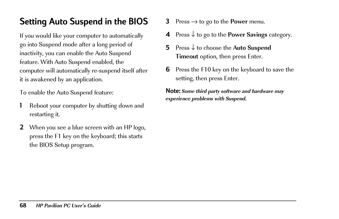 HP 8290 (US/CAN) manual Setting Auto Suspend in the Bios 