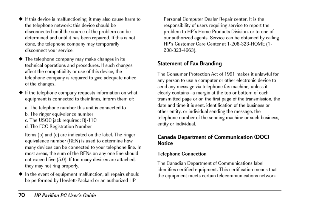 HP 8290 (US/CAN) manual Statement of Fax Branding, Canada Department of Communication DOC Notice 