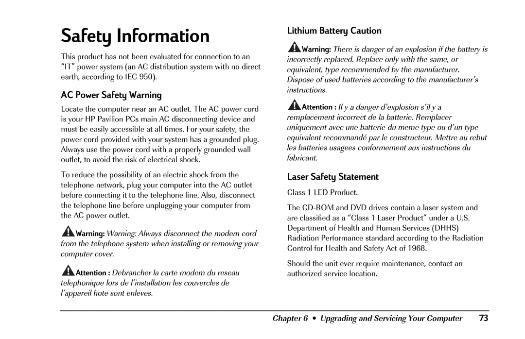 HP 8290 (US/CAN) manual Safety Information, AC Power Safety Warning, Lithium Battery Caution Laser Safety Statement 