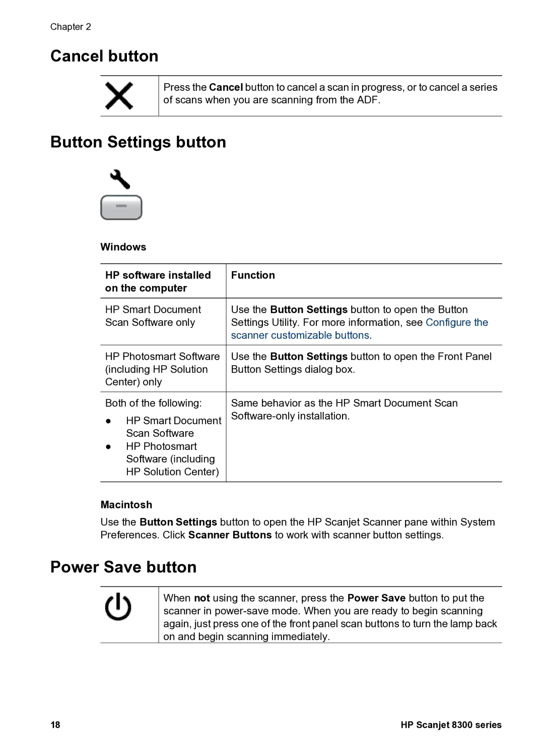 HP 8300 8300 manual Cancel button, Button Settings button, Power Save button 