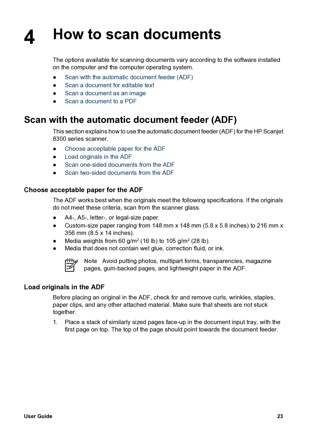 HP 8300 8300 manual How to scan documents, Scan with the automatic document feeder ADF, Choose acceptable paper for the ADF 