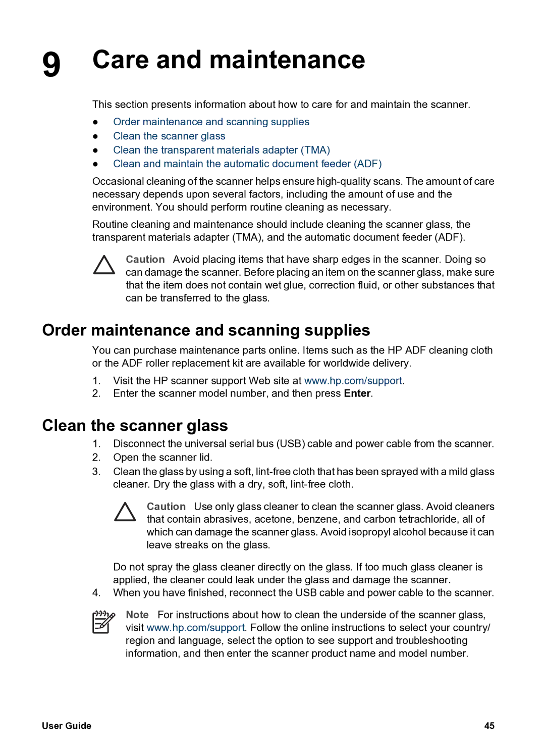 HP 8300 8300 manual Care and maintenance, Order maintenance and scanning supplies, Clean the scanner glass 