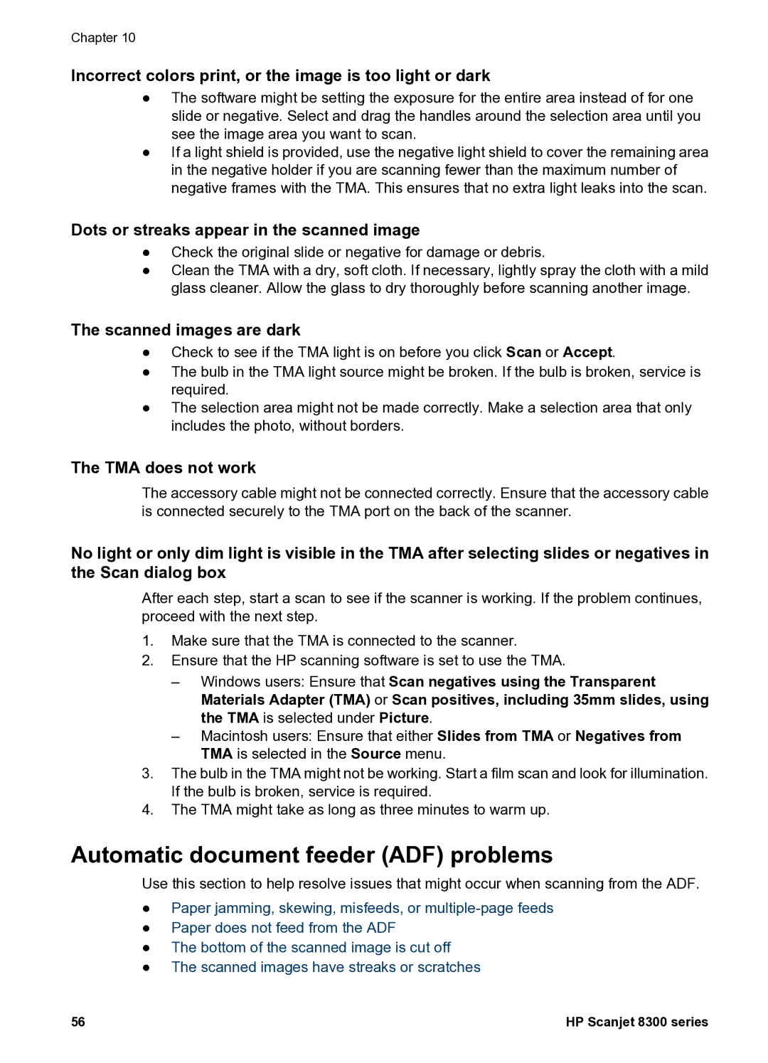 HP 8300 8300 manual Automatic document feeder ADF problems, Incorrect colors print, or the image is too light or dark 