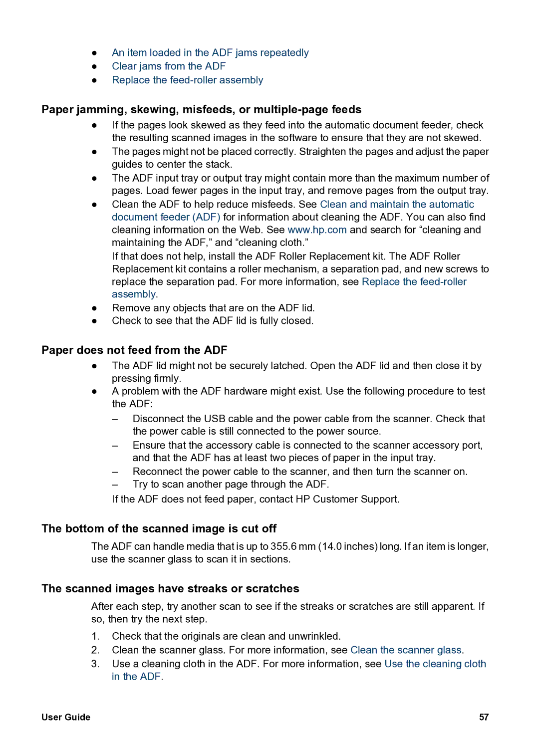 HP 8300 8300 manual Paper jamming, skewing, misfeeds, or multiple-page feeds, Paper does not feed from the ADF 