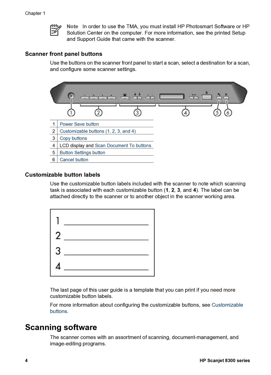 HP 8300 8300 manual Scanning software, Scanner front panel buttons, Customizable button labels 