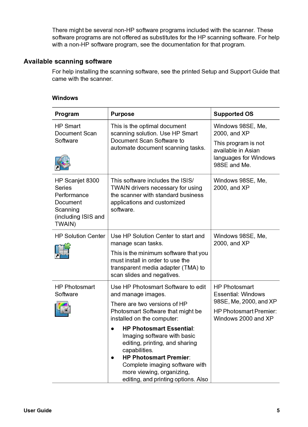 HP 8300 8300 manual Available scanning software, Windows Program, Purpose, Supported OS 