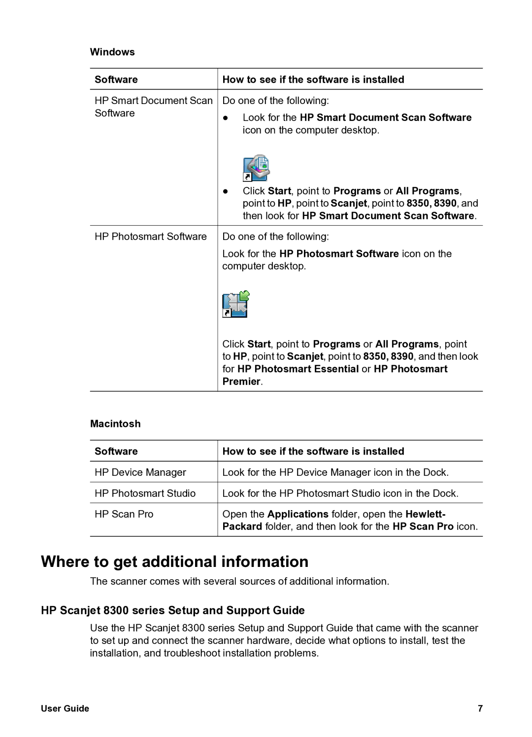 HP 8300 8300 manual Where to get additional information, HP Scanjet 8300 series Setup and Support Guide, Macintosh Software 