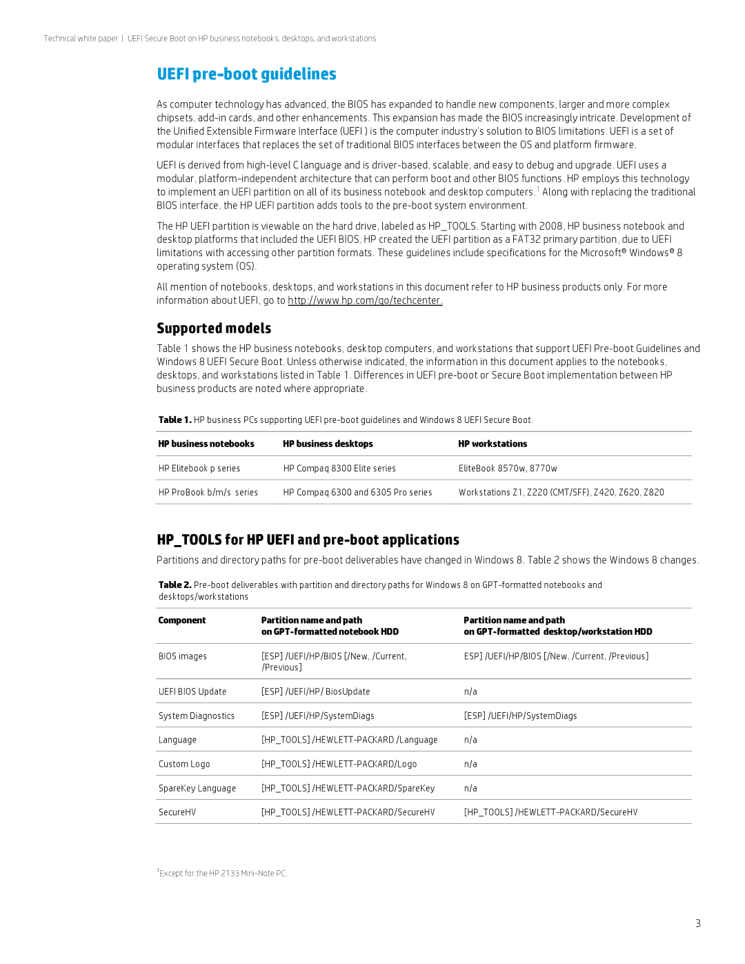 HP 8300 manual Uefi pre-boot guidelines, Supported models, Hptools for HP Uefi and pre-boot applications 