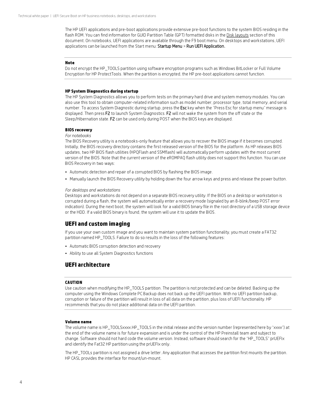 HP 8300 manual Uefi and custom imaging, Uefi architecture, HP System Diagnostics during startup, Bios recovery, Volume name 