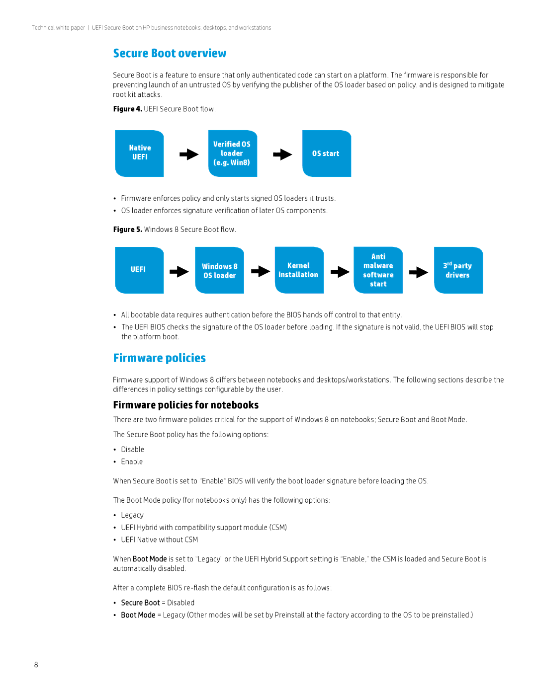 HP 8300 manual Secure Boot overview, Firmware policies for notebooks, Secure Boot = Disabled 