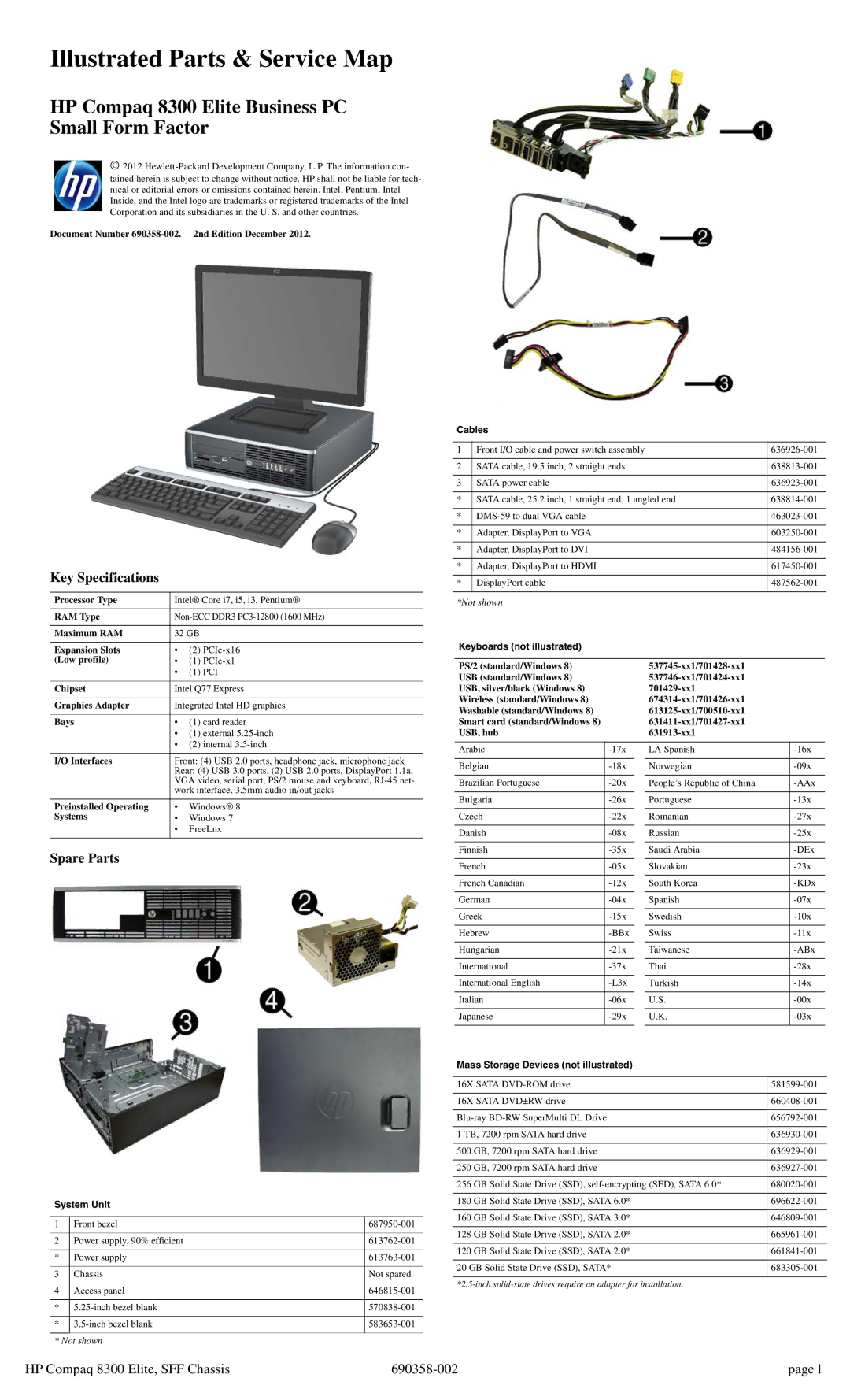 HP 8300 manual Key Specifications, Spare Parts 