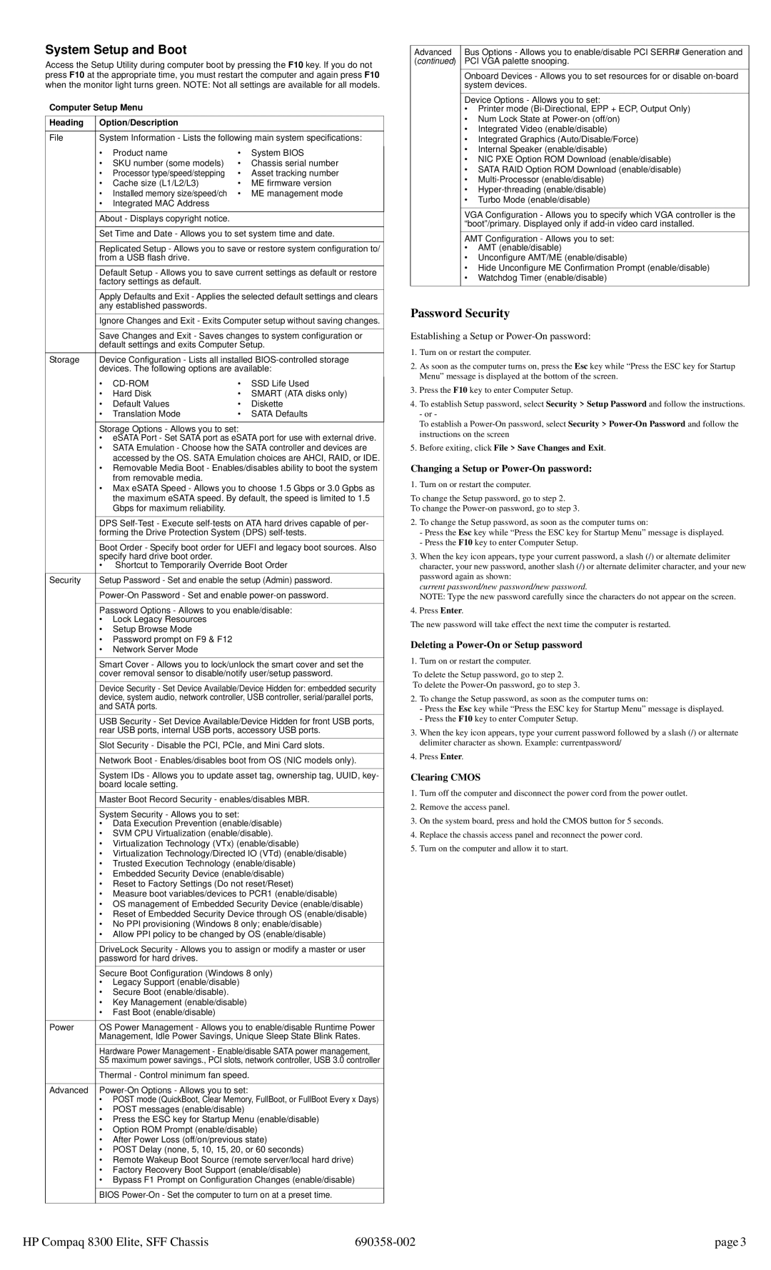 HP 8300 manual Password Security, Computer Setup Menu Heading Option/Description 