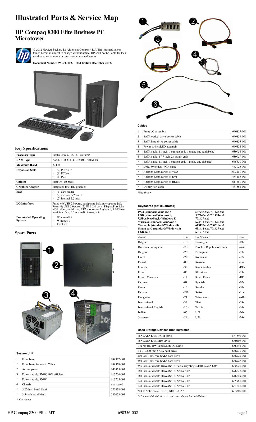 HP 8300 manual Key Specifications, Spare Parts 