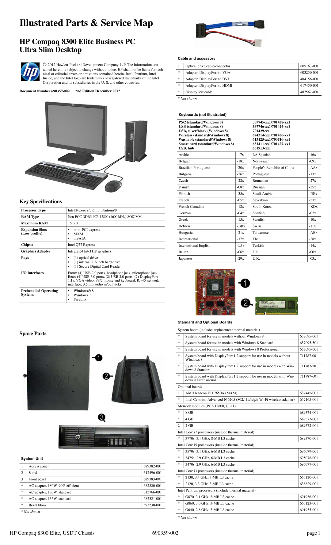 HP 8300 manual Key Specifications, Spare Parts 