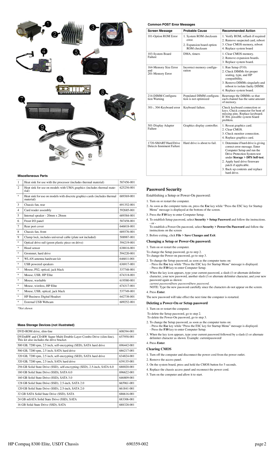 HP 8300 manual Password Security, Miscellaneous Parts, Mass Storage Devices not illustrated 