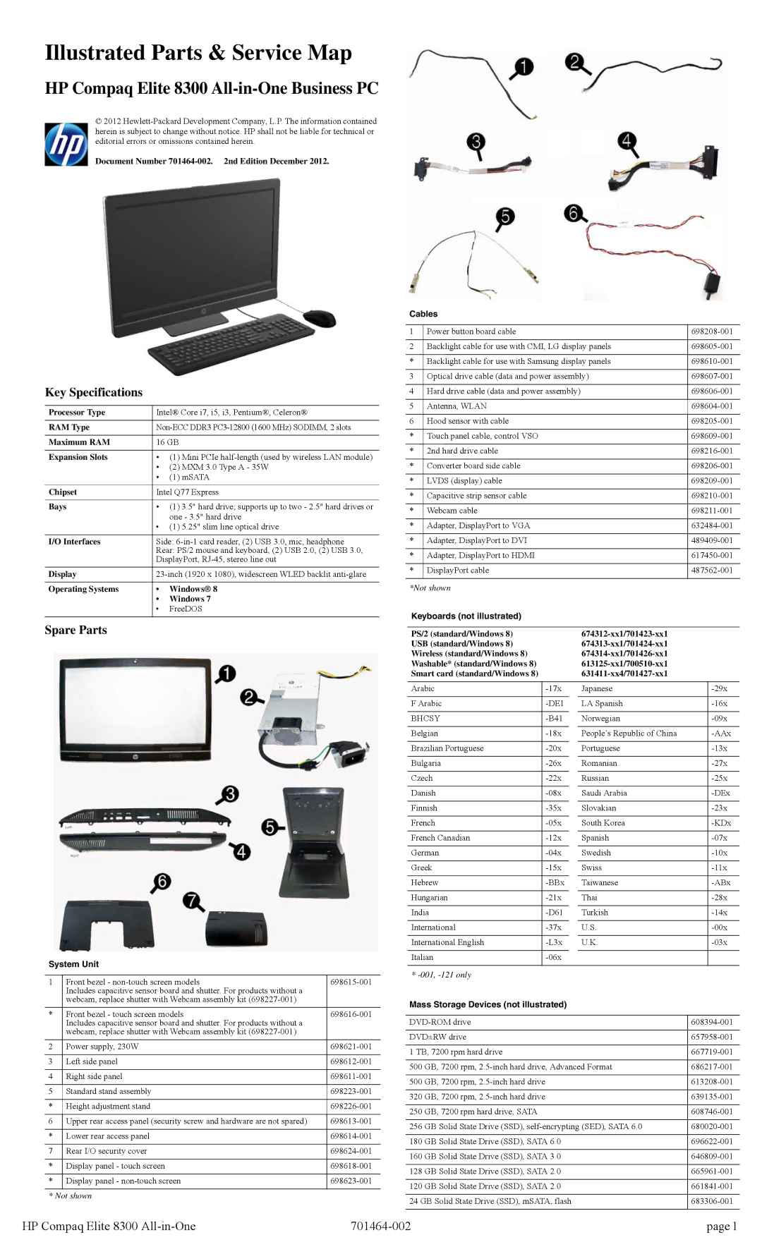 HP 8300 manual Key Specifications, Spare Parts 