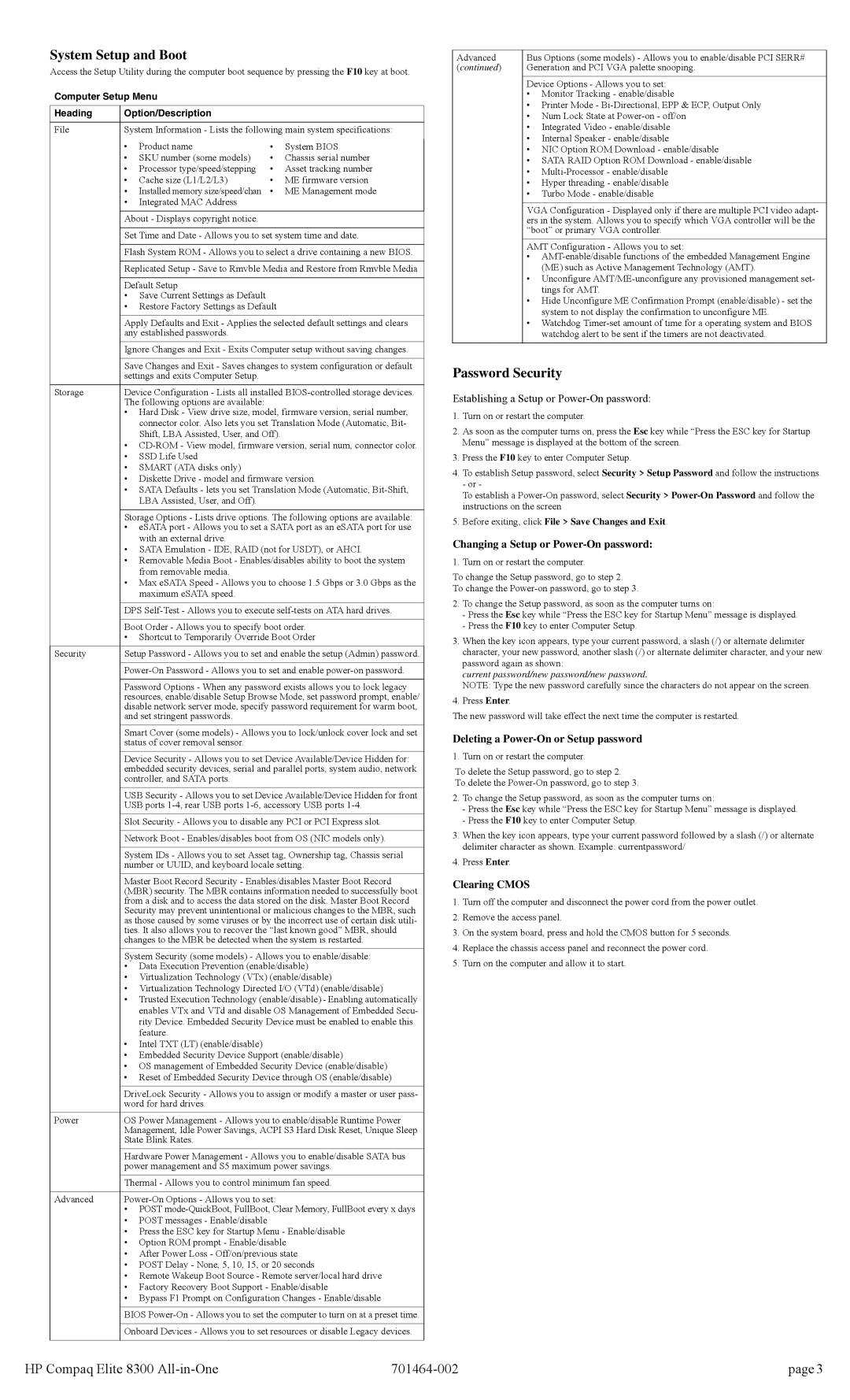 HP 8300 manual System Setup and Boot, Password Security, Computer Setup Menu Heading Option/Description 