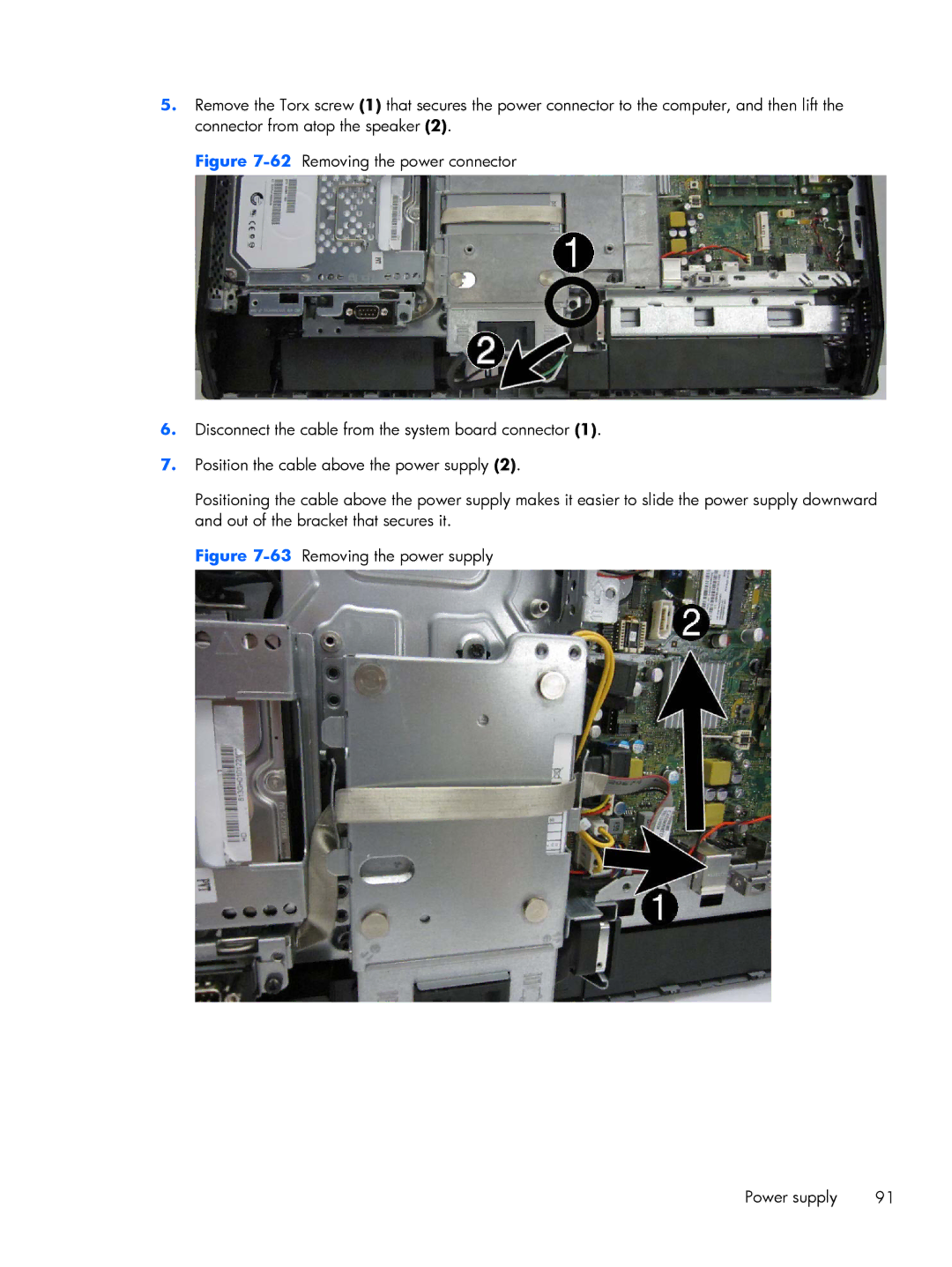 HP 8300 manual 63Removing the power supply Power supply 