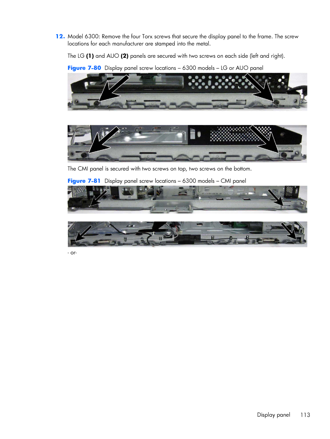 HP 8300 manual 81Display panel screw locations 6300 models CMI panel 