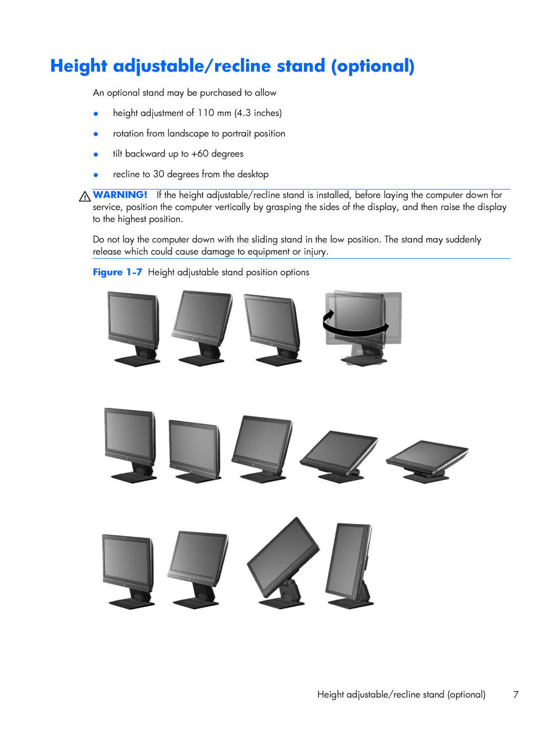 HP 8300 manual Height adjustable/recline stand optional 