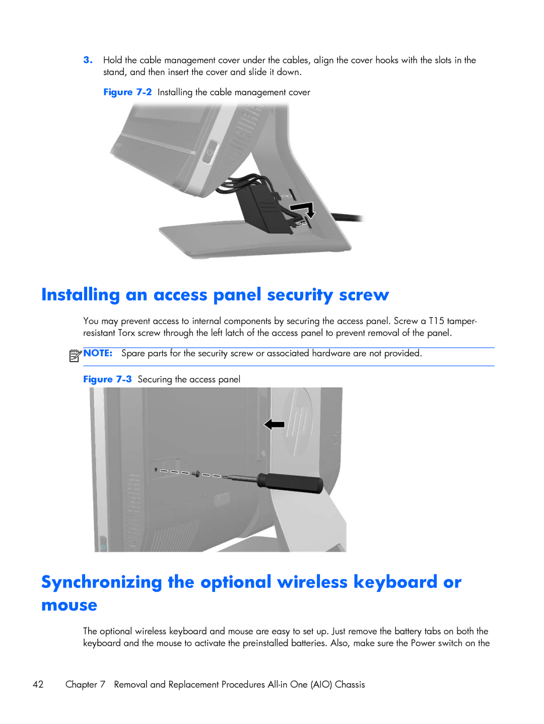 HP 8300 manual Installing an access panel security screw, Synchronizing the optional wireless keyboard or mouse 