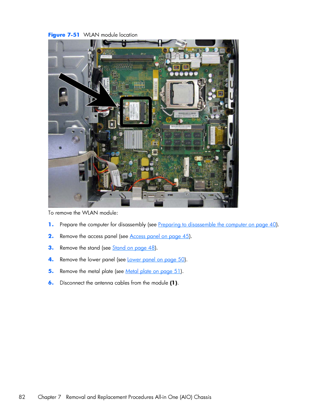 HP 8300 manual 51WLAN module location To remove the Wlan module 