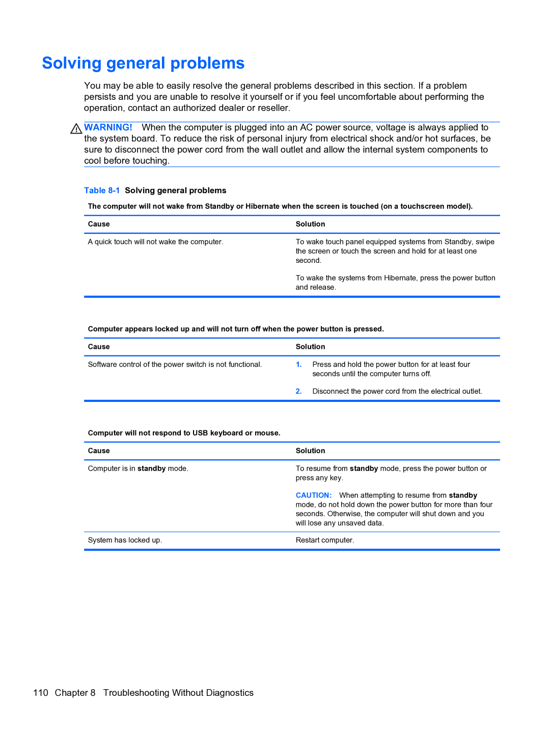 HP 8300E B8U11UT#ABA manual Troubleshooting Without Diagnostics, 1Solving general problems 