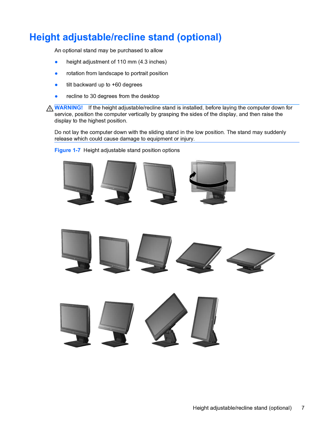 HP 8300E B8U11UT#ABA manual Height adjustable/recline stand optional 